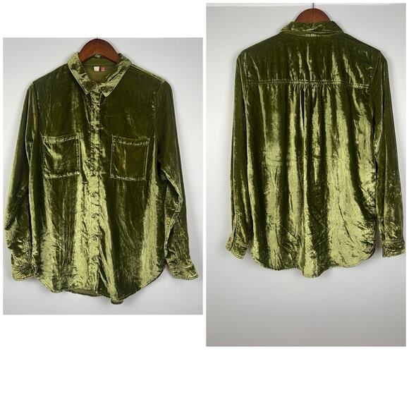 Pilcro Anthropologie Relaxed Velvet Green Mustard Buttondown Shirt Sz M - Picture 12 of 13